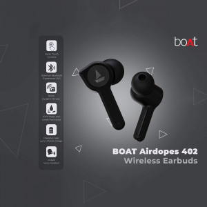 Black boAt Airdopes 402 wireless earbuds with feature icons.