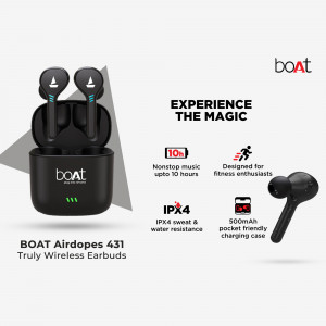 Black boAt Airdopes 431 Truly Wireless Earbuds with charging case
