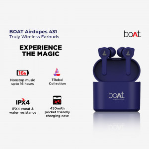 boAt Airdopes 431 Truly Wireless Earbuds in blue color with charging case