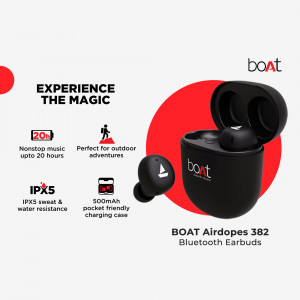 Black boAt Airdopes 382 wireless earbuds with charging case