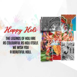 Holi festival greeting with images of Hindu deities and colorful splashes.