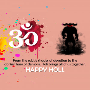Holi festival image with Om symbol and demon silhouette