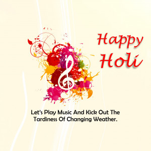 Colorful Holi greeting with musical notes and splashes
