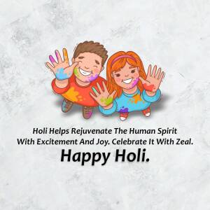 Two children covered in colorful Holi powder waving their hands with a 'Happy Holi' message.