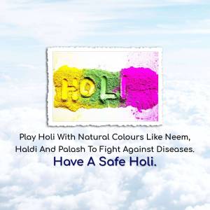 Colorful Holi powder spelling 'HOLI' with text promoting natural remedies for a safe Holi.