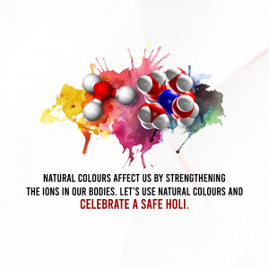 Image depicting water molecules and colorful splashes with a Holi message.