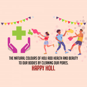 Illustration of people celebrating Holi with colors and festive decorations.