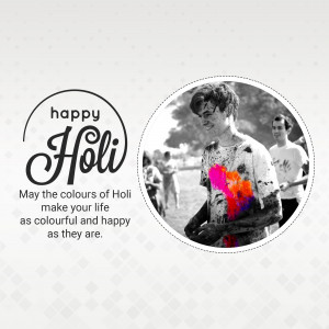 Image depicting a Happy Holi greeting with a person covered in color and a festive background.