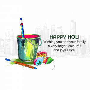 Holi festival greeting with bucket, water gun, and colorful balloons