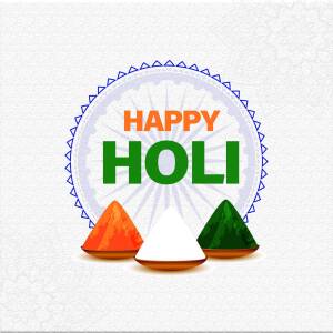Happy Holi text with color powder piles