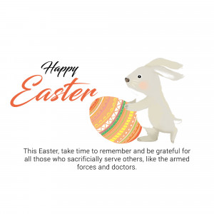Illustration of a white rabbit holding a decorated Easter egg with the text 'Happy Easter'
