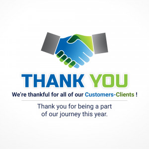 Graphic of hands shaking with the text 'Thank You' and a message of gratitude to customers.