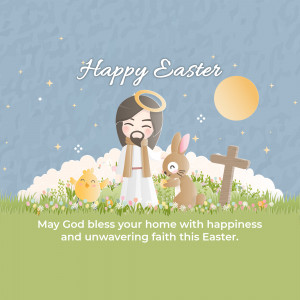 Illustration of Jesus with a bunny, chick, and cross for Easter