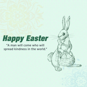 Vintage style illustration of a rabbit with an Easter basket and the text 'Happy Easter'