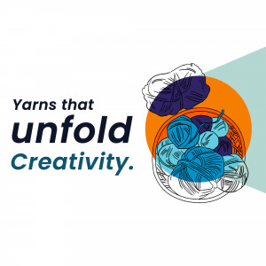 Illustration of yarn balls in a basket with text 'Yarns that unfold Creativity'