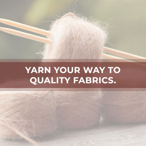 Close-up of yarn on knitting needles with text overlay
