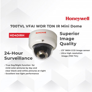 Honeywell 700TVL VFAI WDR TDN IR Mini Dome security camera with 24-hour surveillance capabilities.