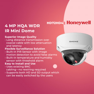 Honeywell 4MP HQA WDR IR Mini Dome security camera with features listed