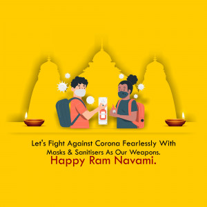 Illustration of a couple wearing masks and carrying sanitiser with temple and lamps in the background, promoting safety during Ram Navami.