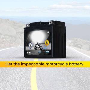 Varta motorcycle battery on a road with a motorcycle graphic