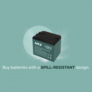 Close-up of a spill-resistant battery with text promoting its feature.