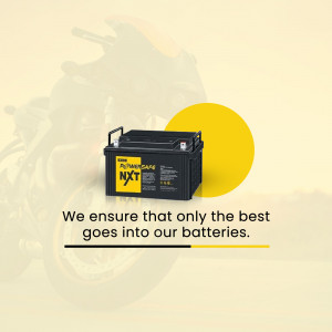 Close-up of an Exide PowerSafe NXT motorcycle battery with a blurred motorcycle in the background.