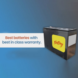 Image of a black battery with a yellow label and text promoting a warranty.