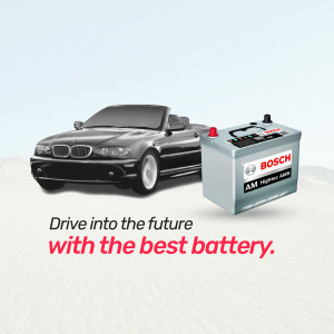Bosch car battery with a silver BMW convertible in the background