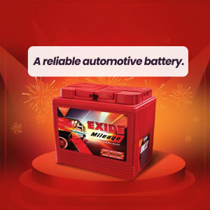 Red Exide Mileage automotive battery on a pedestal with celebratory fireworks.