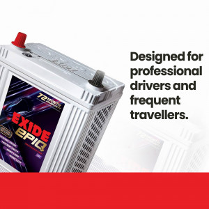 Close-up of an Exide Epic car battery with text highlighting its professional-grade design.