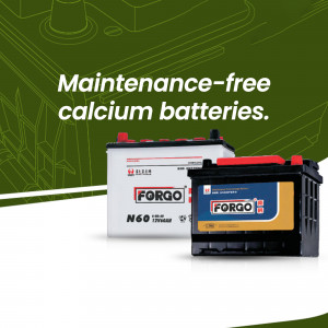 Image of Forgo maintenance-free calcium batteries with product details.