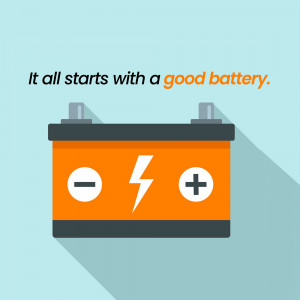 Flat lay illustration of a car battery with a lightning bolt symbol.