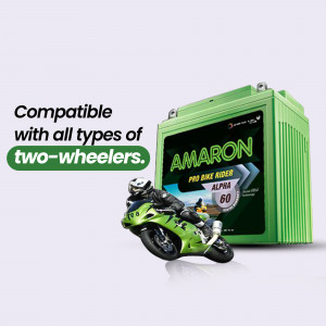 Amaron battery compatible with all two-wheelers, featuring a motorcycle illustration.