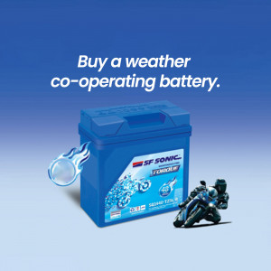 SF Sonic motorcycle battery with a flame and motorcycle illustration