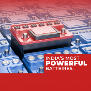 Close-up of red car batteries with text 'India's Most Powerful Batteries'