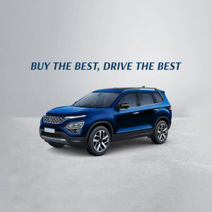 Blue Tata Harrier SUV parked on a light grey surface with promotional text.