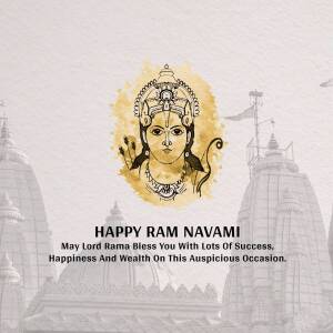 Illustration of Lord Rama with temple background and text 'Happy Ram Navami'