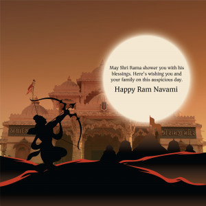 Ram Navami illustration with Lord Rama aiming his bow and arrow against a temple backdrop and a bright moon.