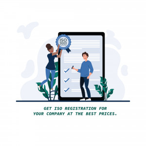Illustration of people working with an ISO 9001 certification on a tablet screen.