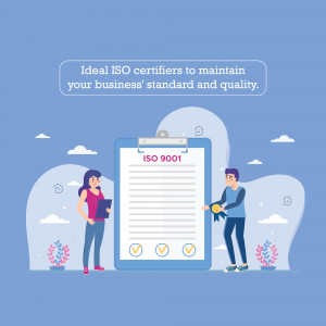Illustration of people with an ISO 9001 certification clipboard