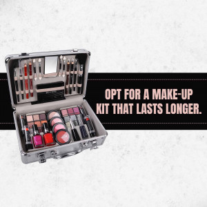 Silver makeup case filled with various cosmetics