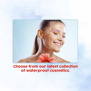 Close-up of a woman with waterproof makeup and water droplets, promoting cosmetic products.
