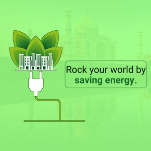 Green leaf with city skyline and plug representing energy conservation