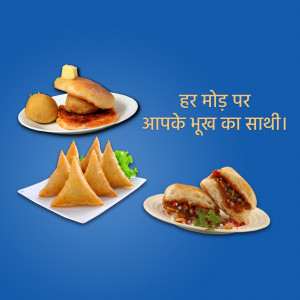 A colorful image showcasing a variety of Indian snacks including Vada Pav, Samosas, and Potato Fries.