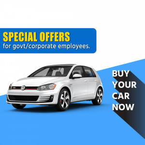White Volkswagen Golf with special offer banner for government and corporate employees.