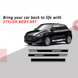 Black Suzuki Swift with white racing stripes and body art decals