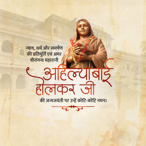 A tribute image for Queen Ahilyabai Holkar on her birth anniversary featuring her statue against a historic palace background.