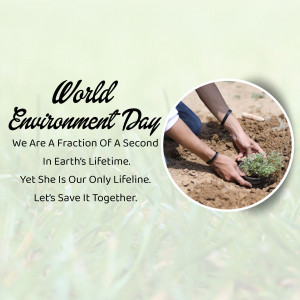 Hands planting a seedling in soil with World Environment Day text overlay