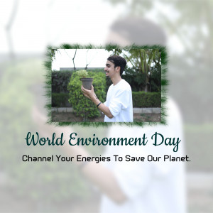 A man holding a plant with 'World Environment Day' text overlay.