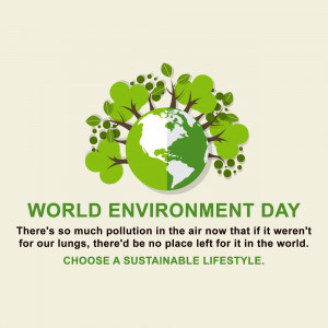 Illustration of a globe formed by land and water, surrounded by green leaves, with text promoting World Environment Day and sustainable living.